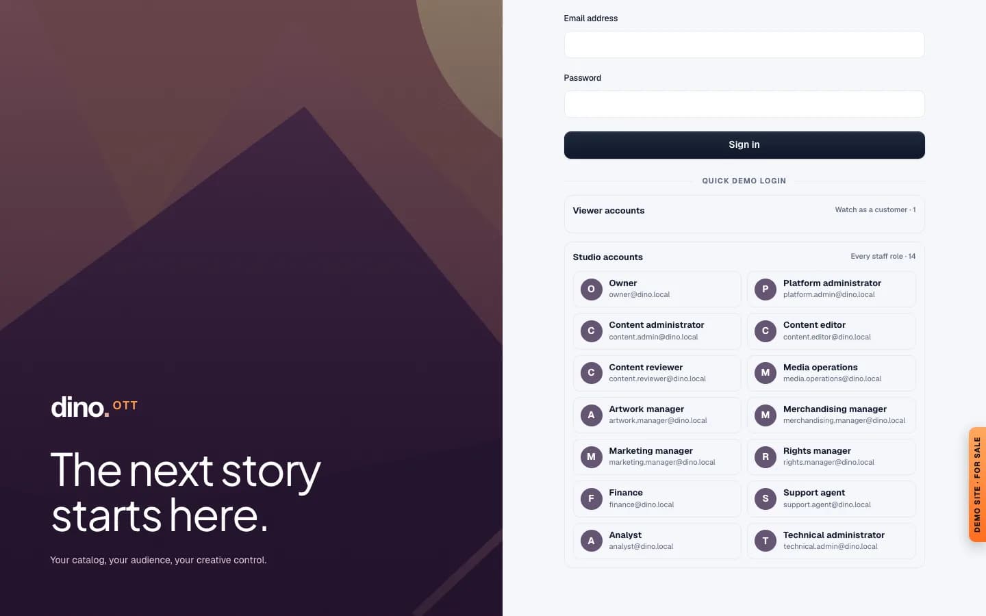 Dino OTT admin studio sign-in with quick demo logins for a viewer account and 14 studio roles