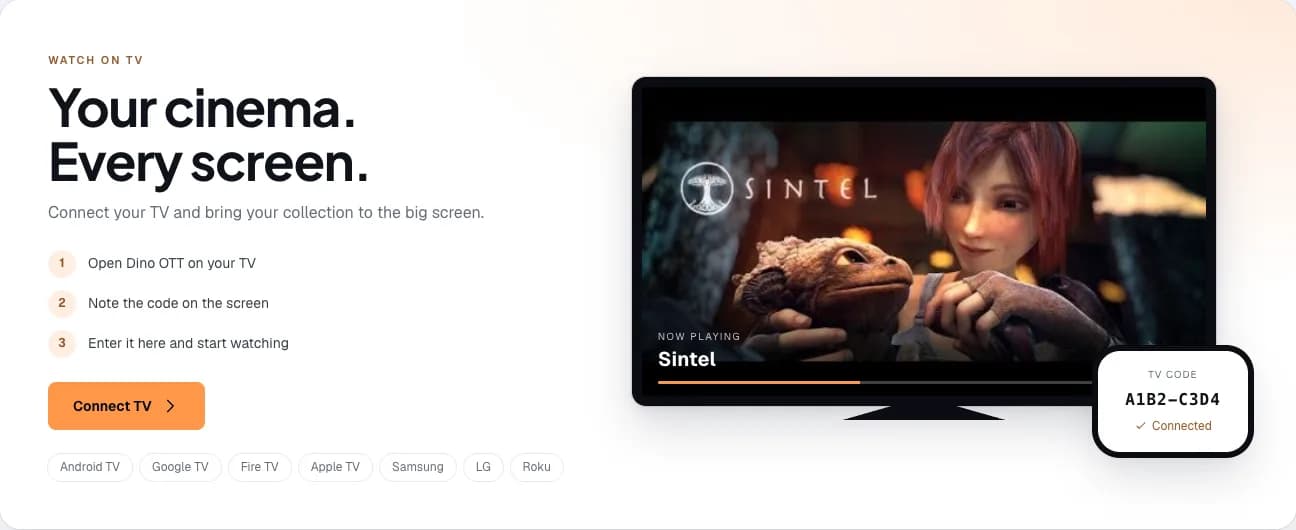 Dino OTT watch-on-TV screen with a TV activation code and supported Smart TV platforms, showing Sintel by Blender Foundation (CC BY)