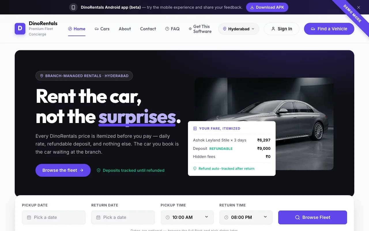 Dino Rental Cars white-label car rental booking software showing available rental vehicles