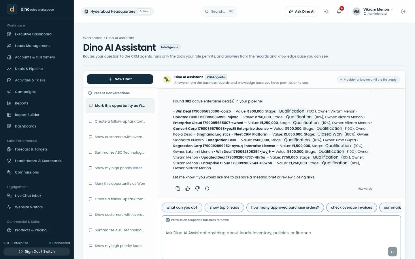 Dino AI assistant chat grounded in CRM records and knowledge base