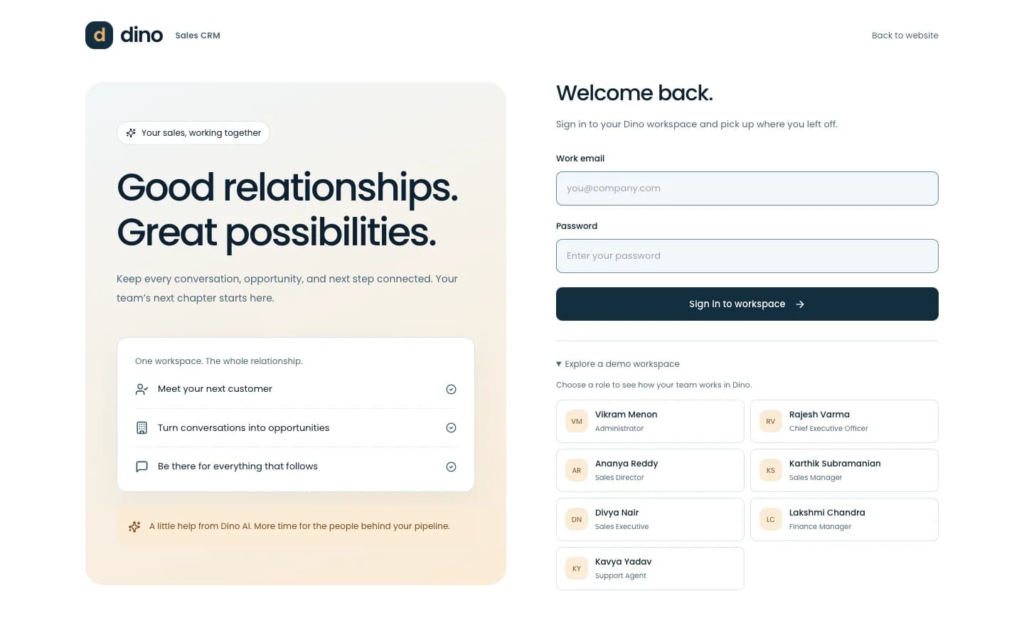 Dino Sales CRM login with seven role-based demo accounts