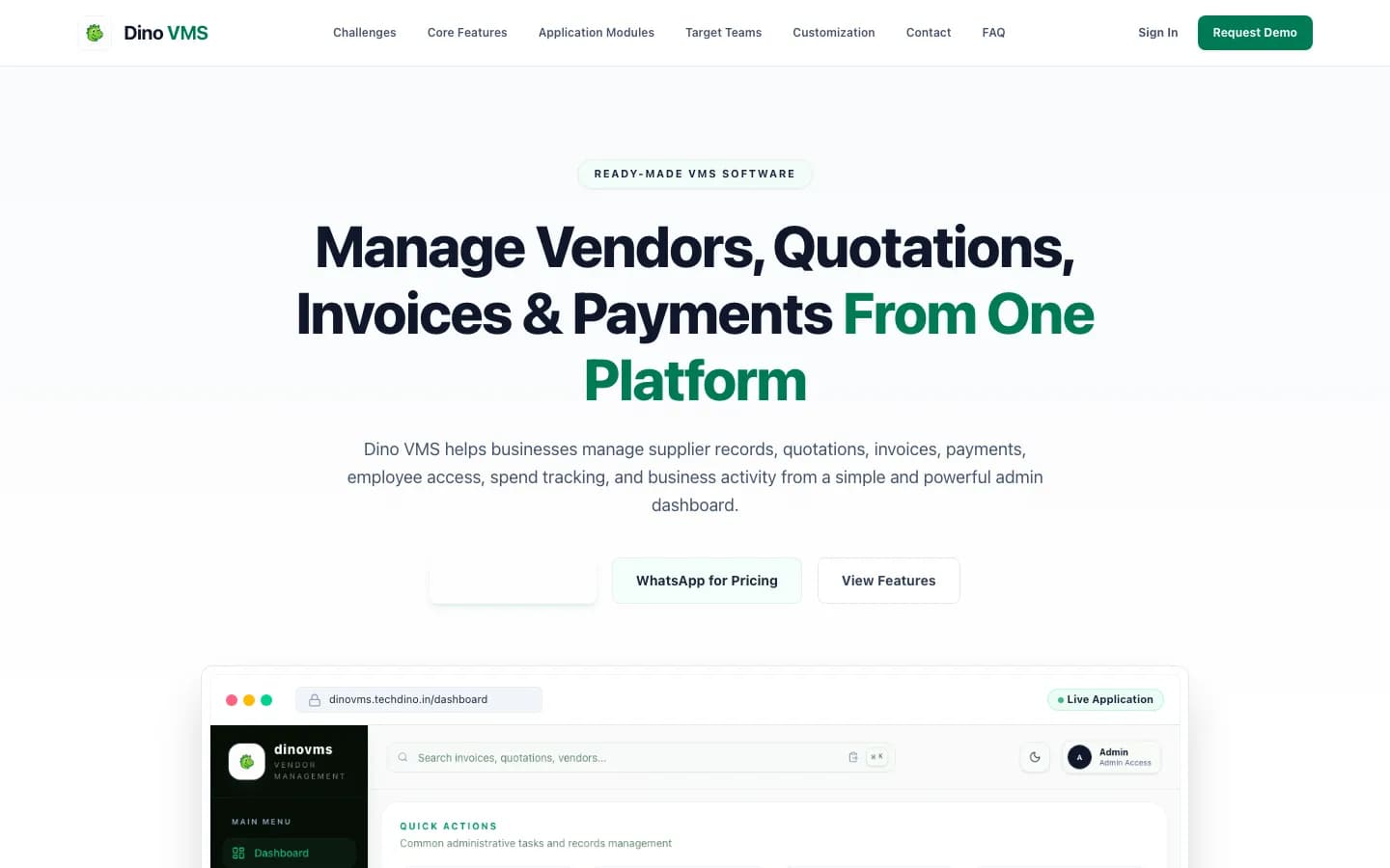 Dino VMS vendor management dashboard screenshot showing vendor, quotation, invoice and payment management