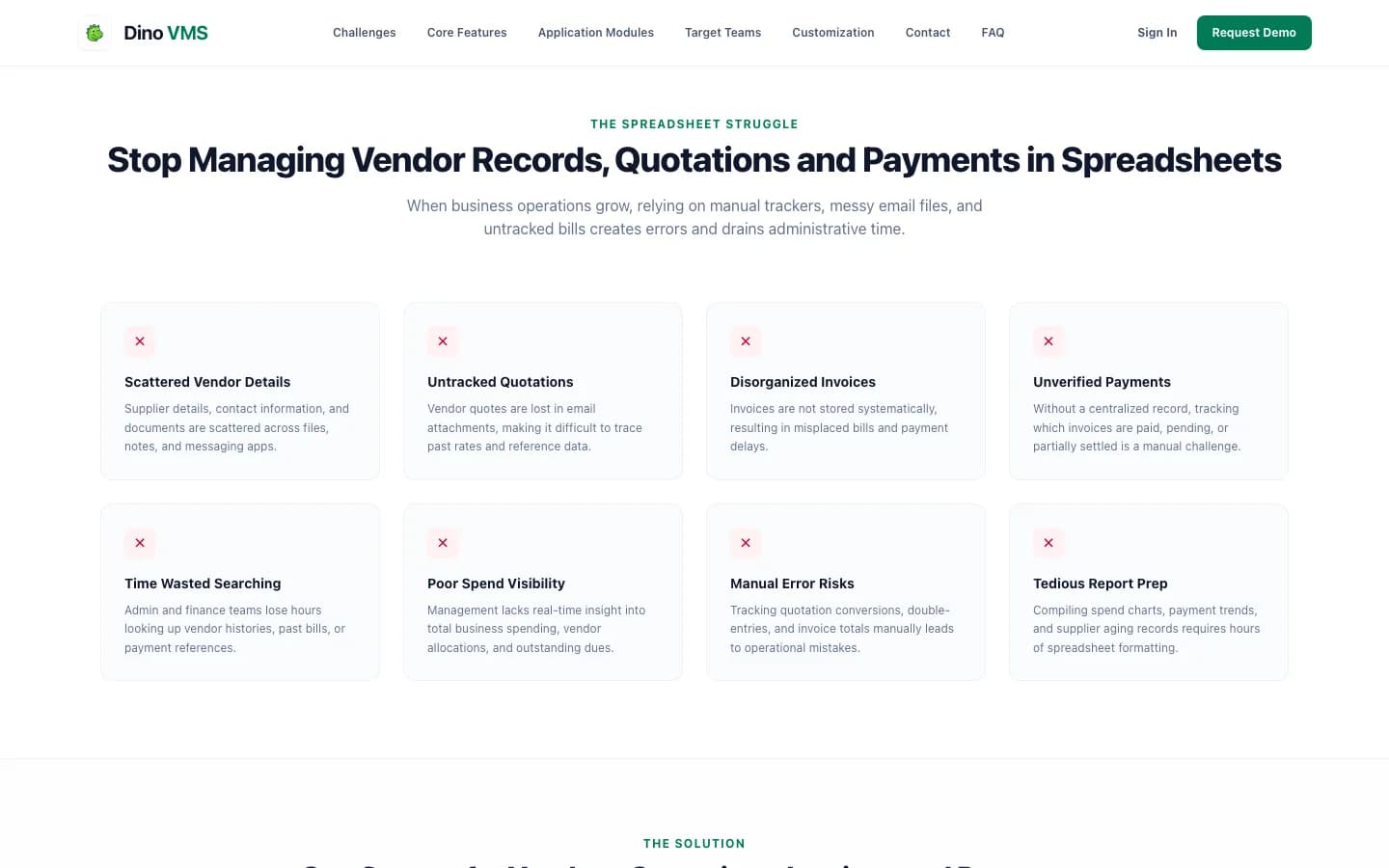 Dino VMS Stop Managing Vendor Records, Quotations and Payments in Spreadsheets on desktop — White-Label Vendor Management System