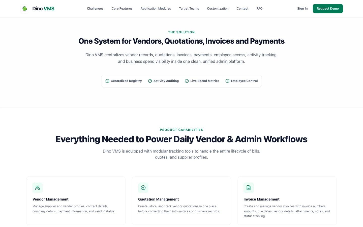Dino VMS One System for Vendors, Quotations, Invoices and Payments on desktop — White-Label Vendor Management System