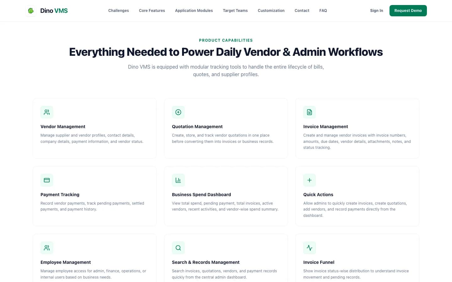 Dino VMS Everything Needed to Power Daily Vendor & Admin Workflows on desktop — White-Label Vendor Management System