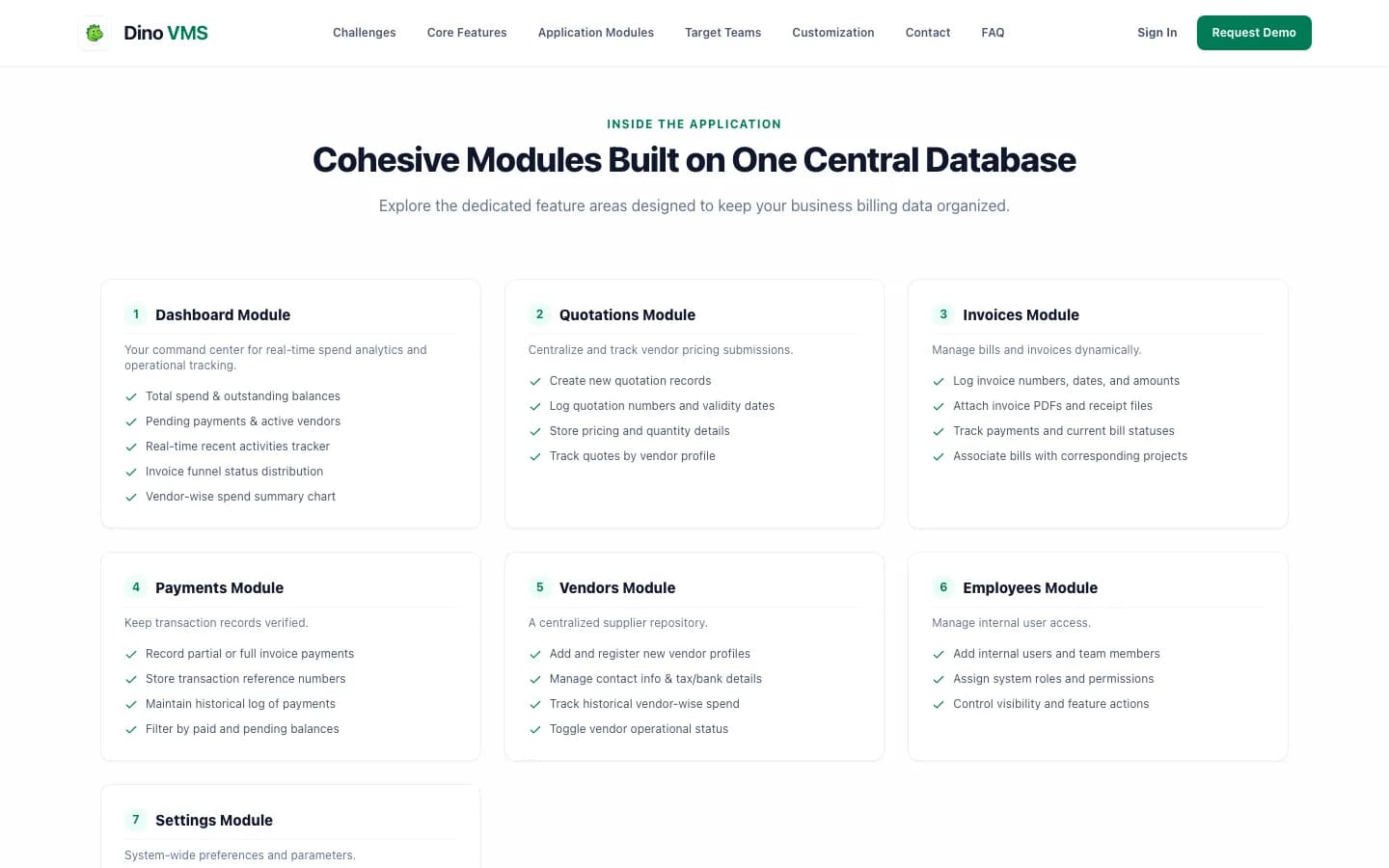 Dino VMS Cohesive Modules Built on One Central Database on desktop — White-Label Vendor Management System