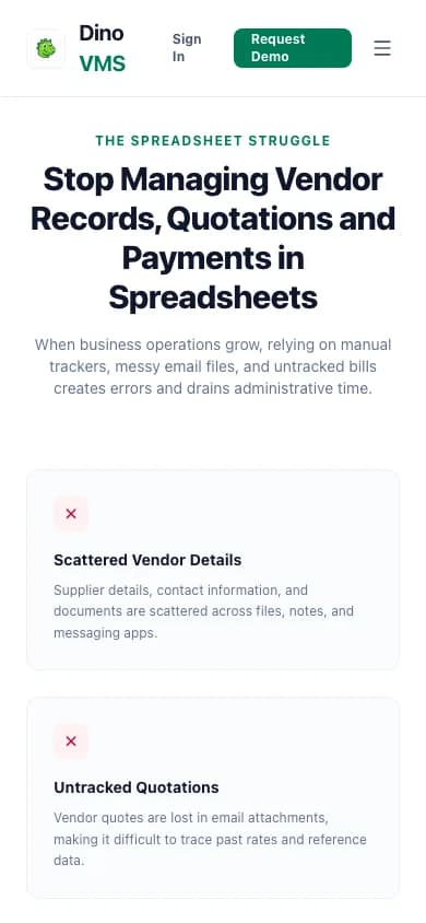 Dino VMS Stop Managing Vendor Records, Quotations and Payments in Spreadsheets on mobile — White-Label Vendor Management System