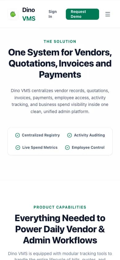 Dino VMS One System for Vendors, Quotations, Invoices and Payments on mobile — White-Label Vendor Management System