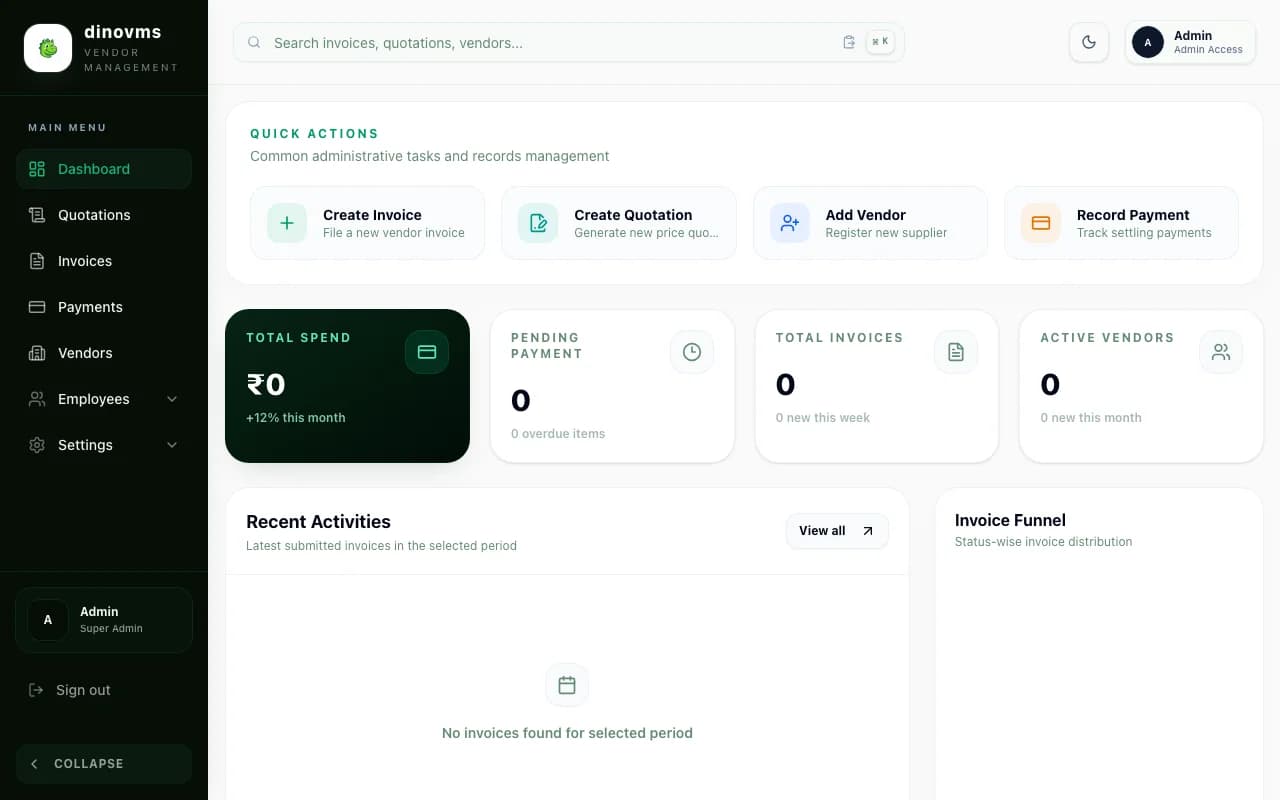 Dino VMS vendor management dashboard screenshot showing vendor, quotation, invoice and payment management