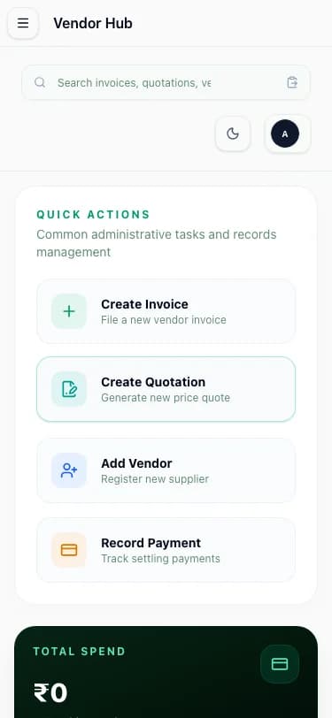 Dino VMS vendor management dashboard screenshot showing vendor, quotation, invoice and payment management mobile preview