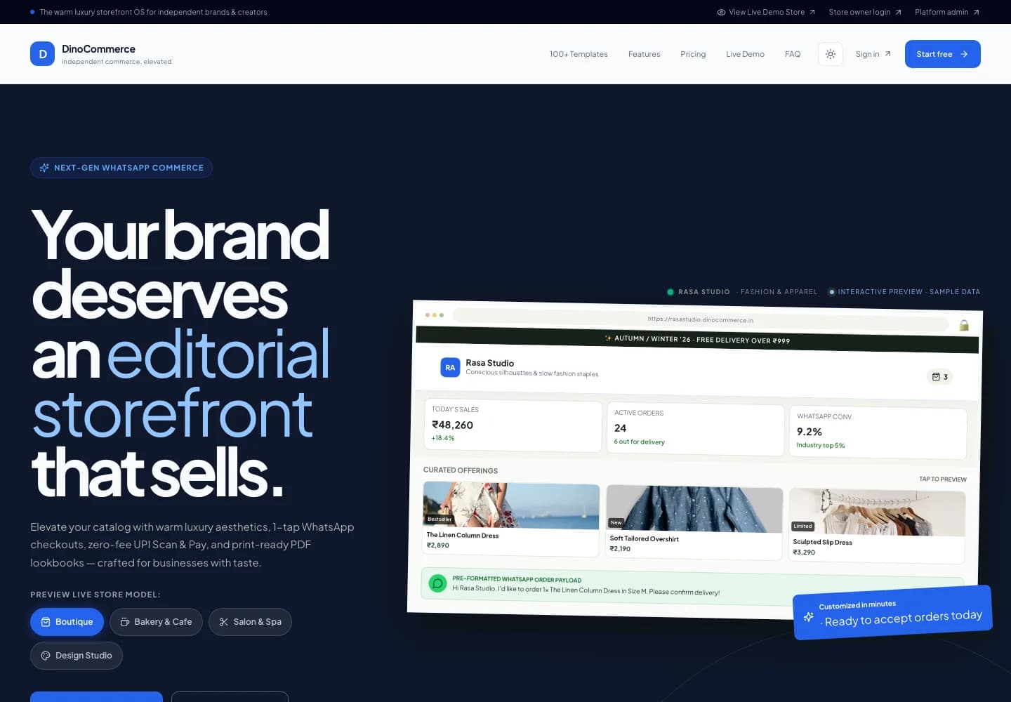 DinoCommerce storefront OS and luxury multi-tenant WhatsApp commerce platform