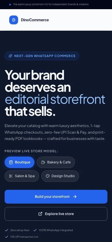 DinoCommerce storefront OS and luxury multi-tenant WhatsApp commerce platform mobile preview