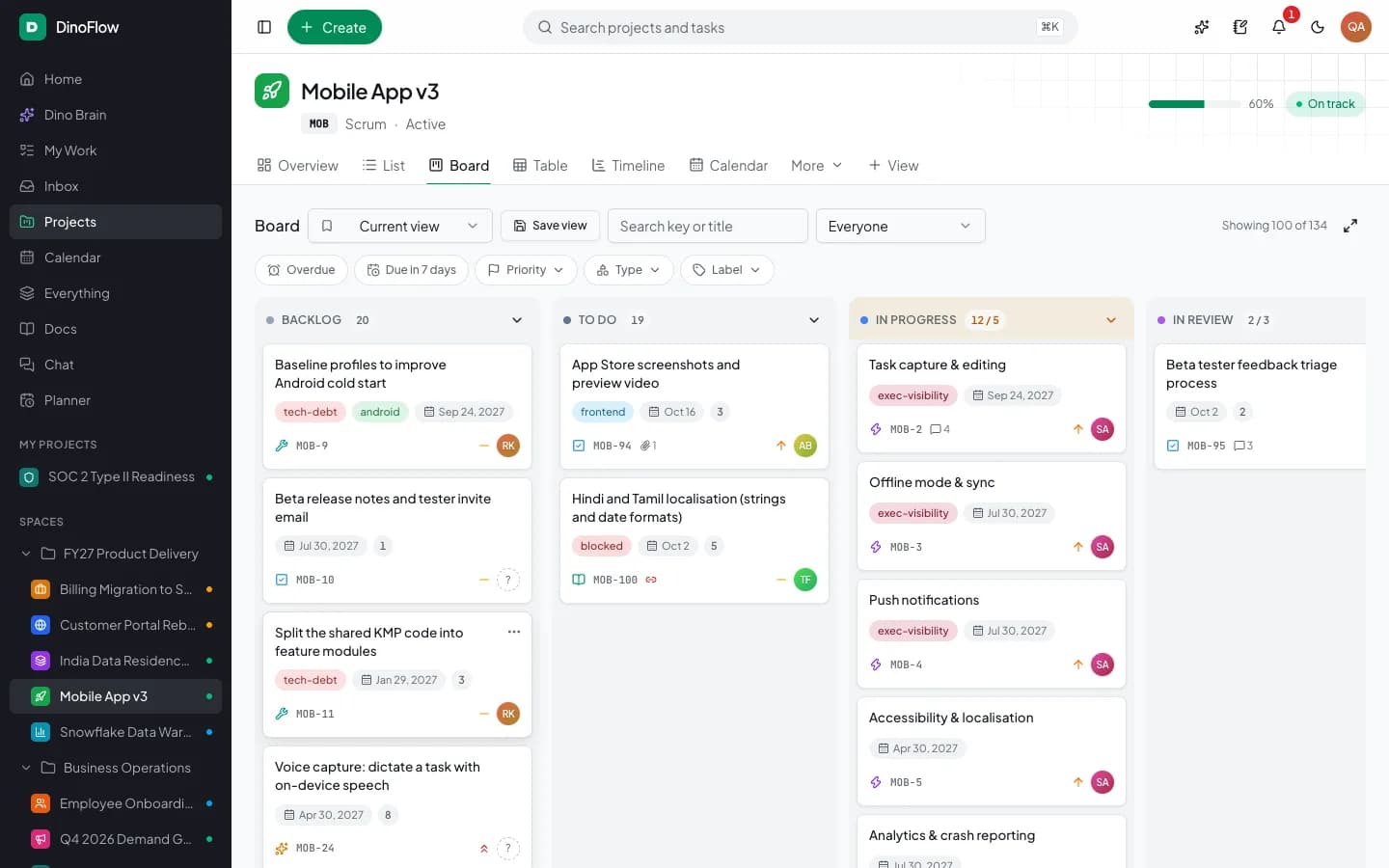 DinoFlow Kanban board with Backlog, To do, In progress and In review columns, task keys, labels and assignees