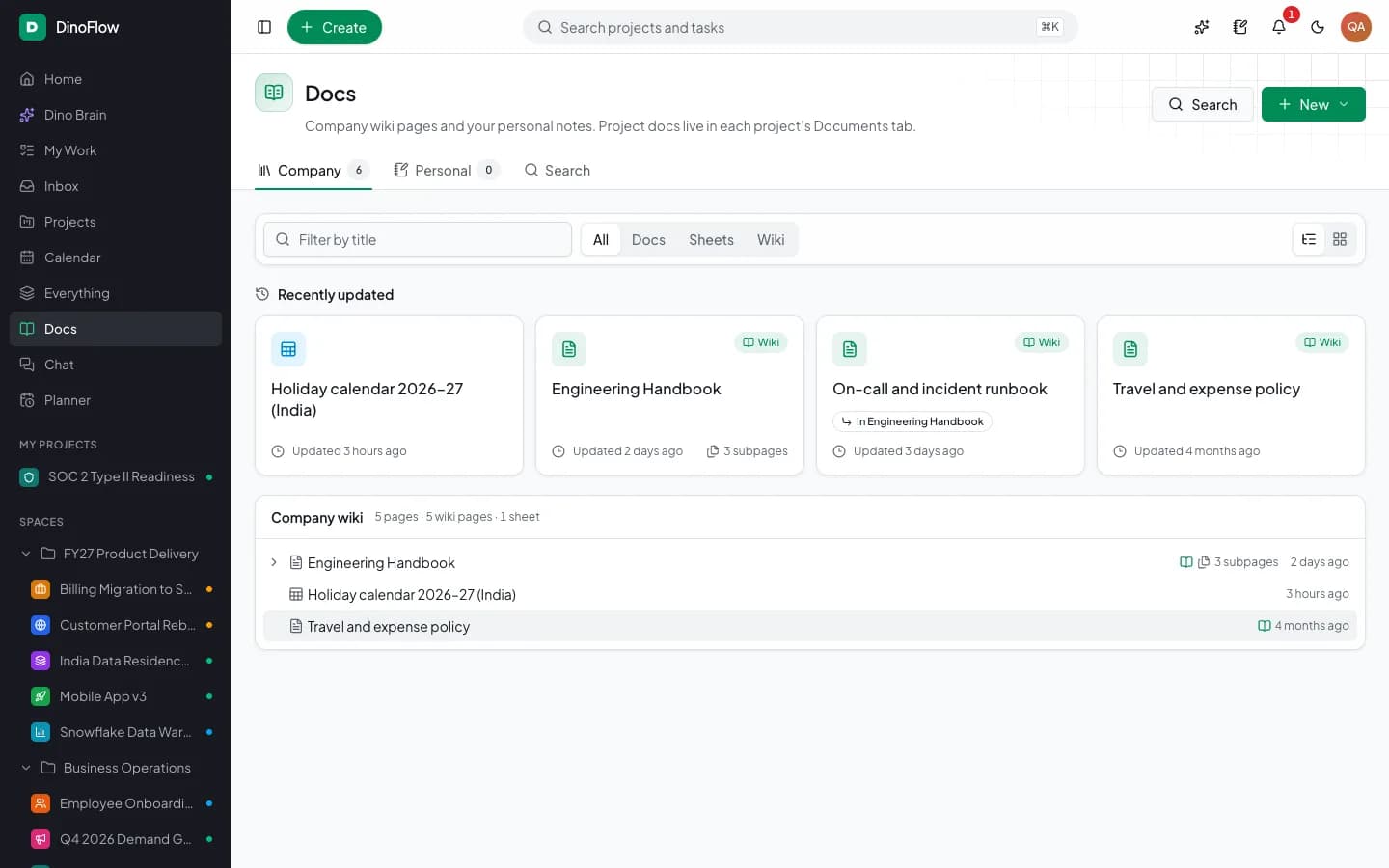 DinoFlow docs with company wiki pages, docs and sheets