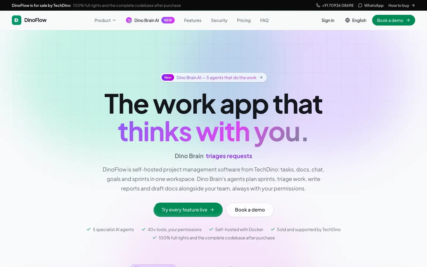 DinoFlow product website with Dino Brain AI agents for project management