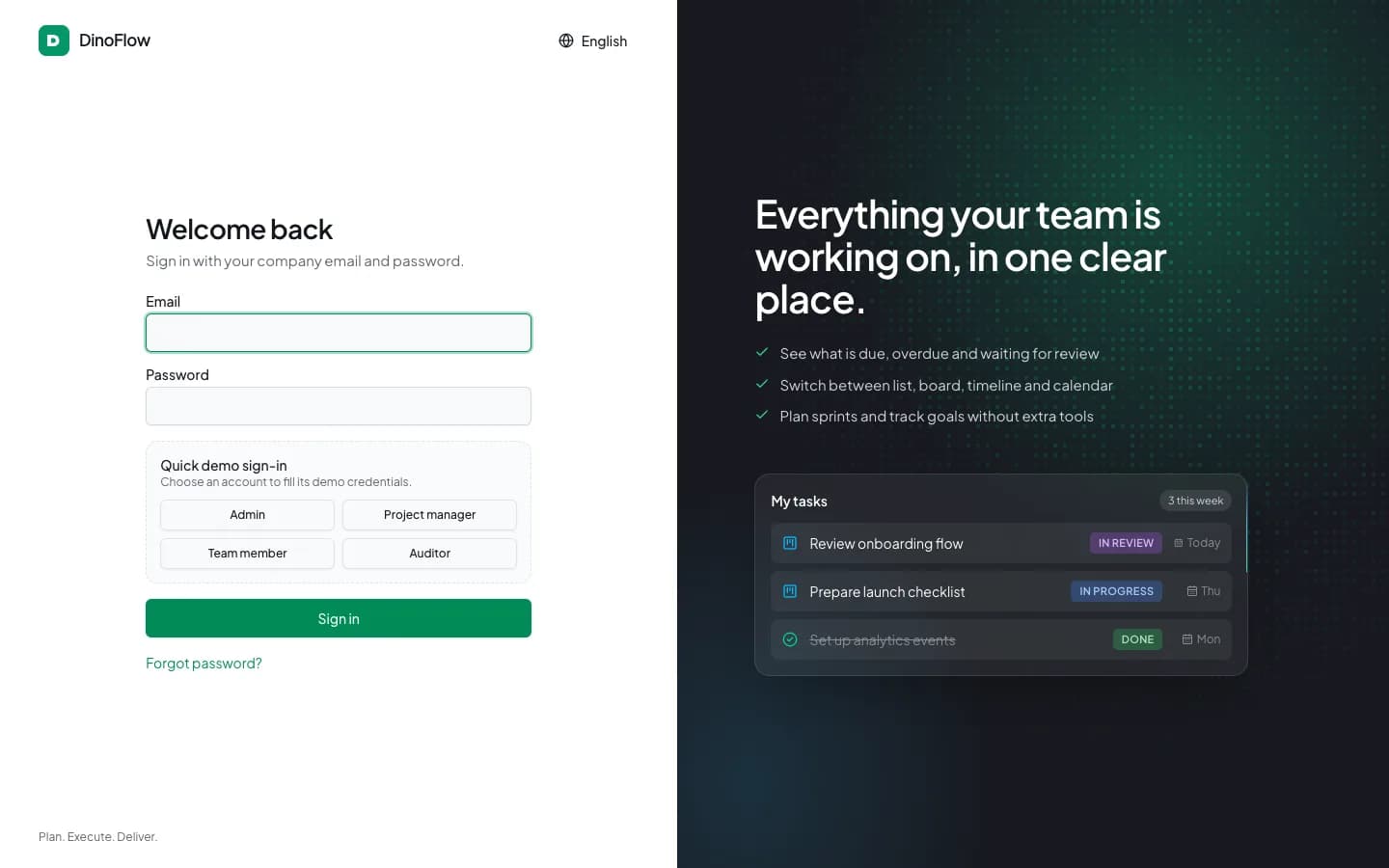 DinoFlow login with quick demo sign-in for admin, project manager, team member and auditor roles