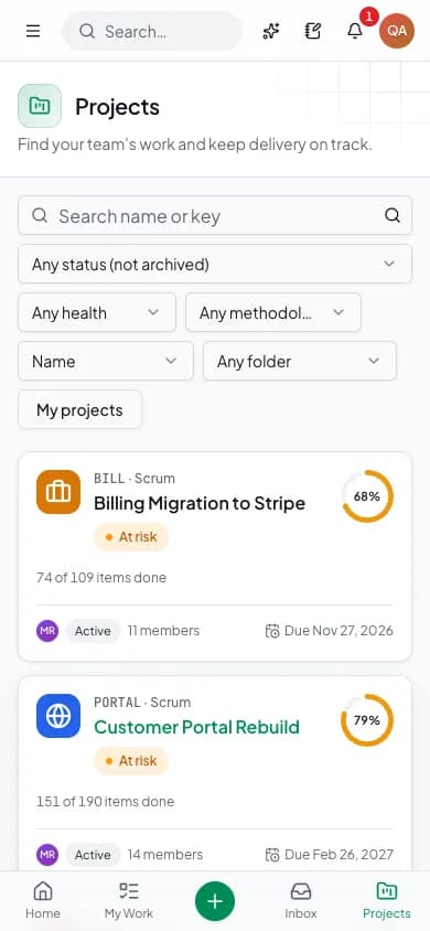 DinoFlow Kanban board with Backlog, To do, In progress and In review columns, task keys, labels and assignees mobile preview