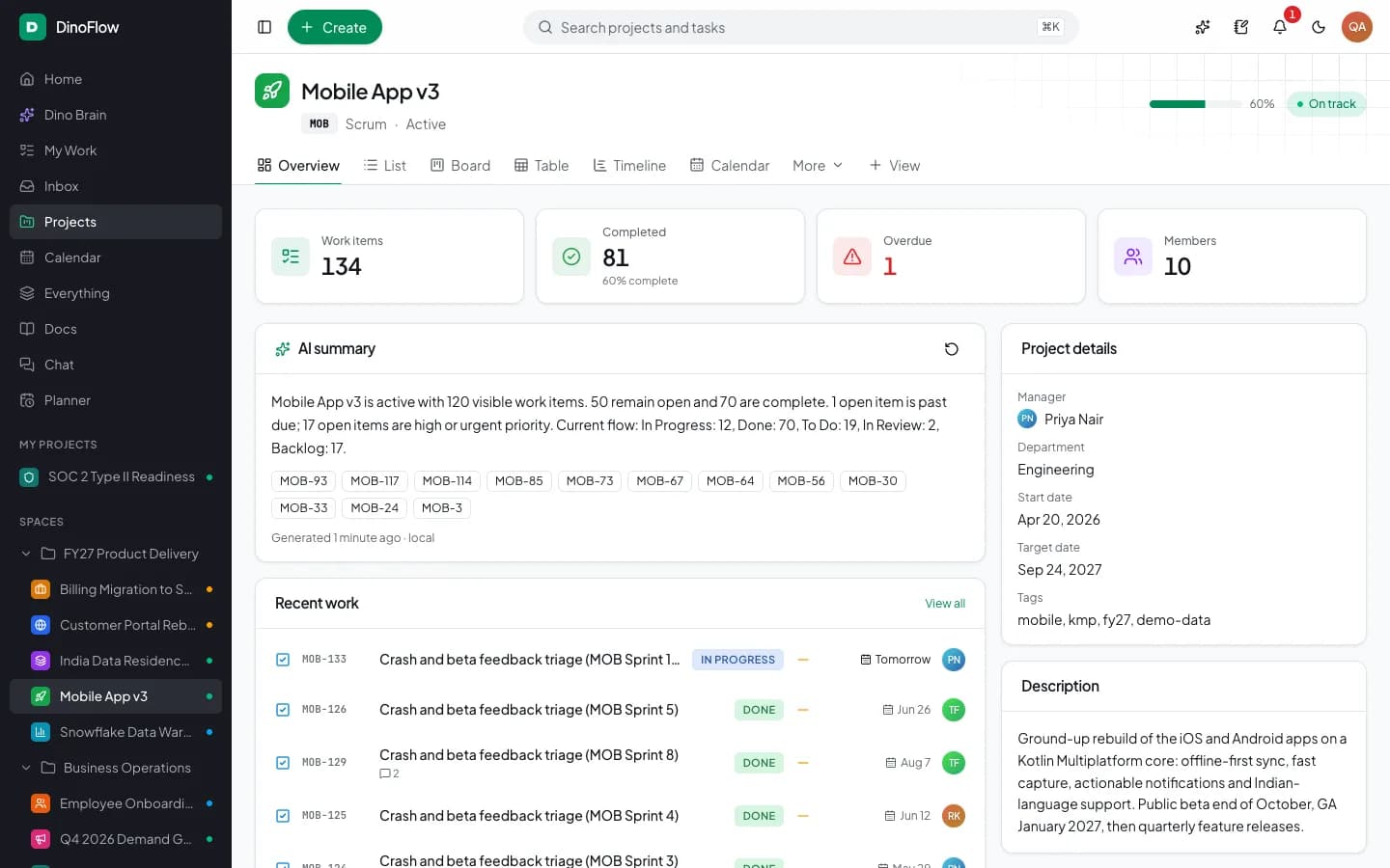 DinoFlow project overview with work item counts, AI summary, project details and recent work