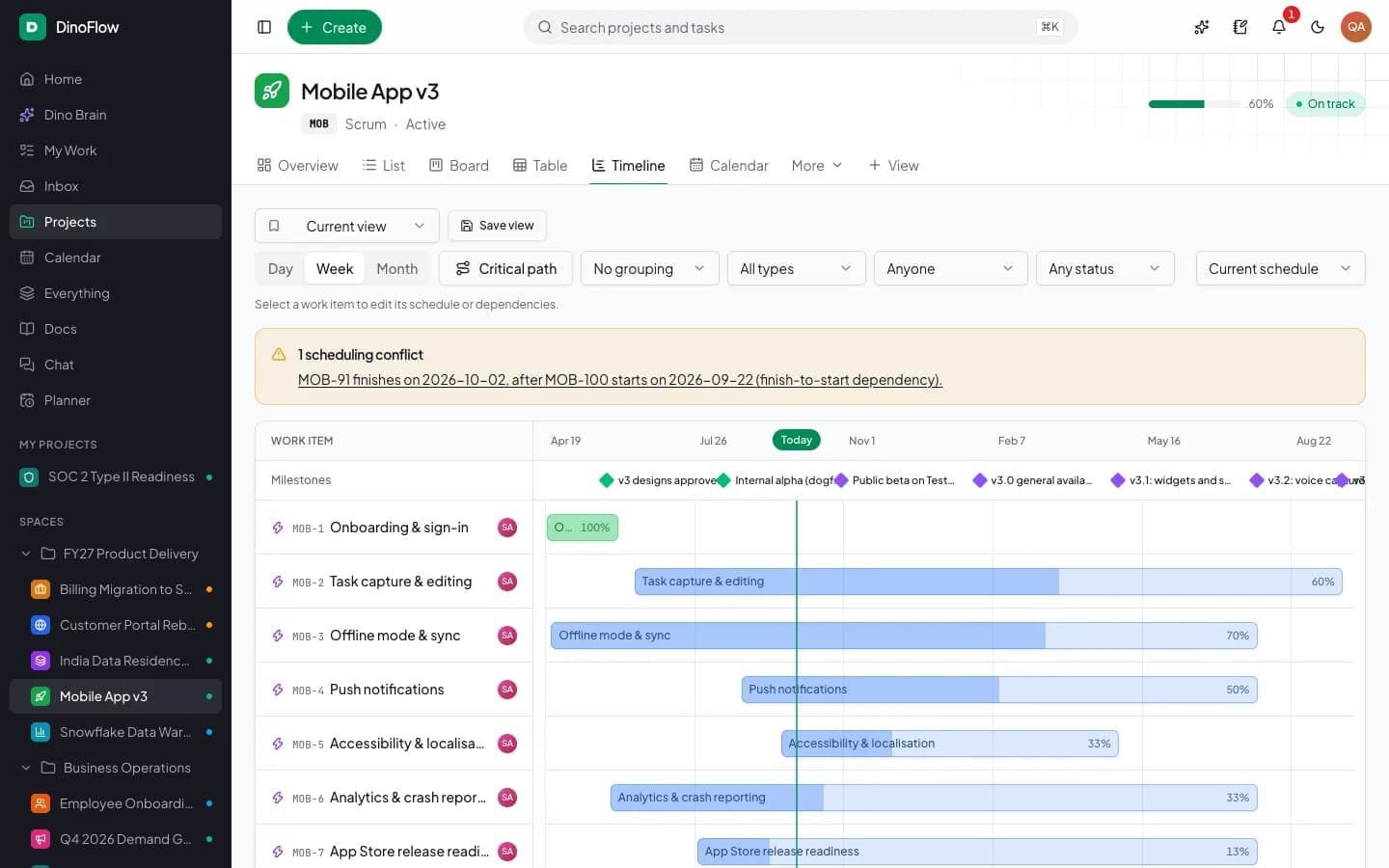 DinoFlow timeline with milestones, task bars, progress and a scheduling conflict banner