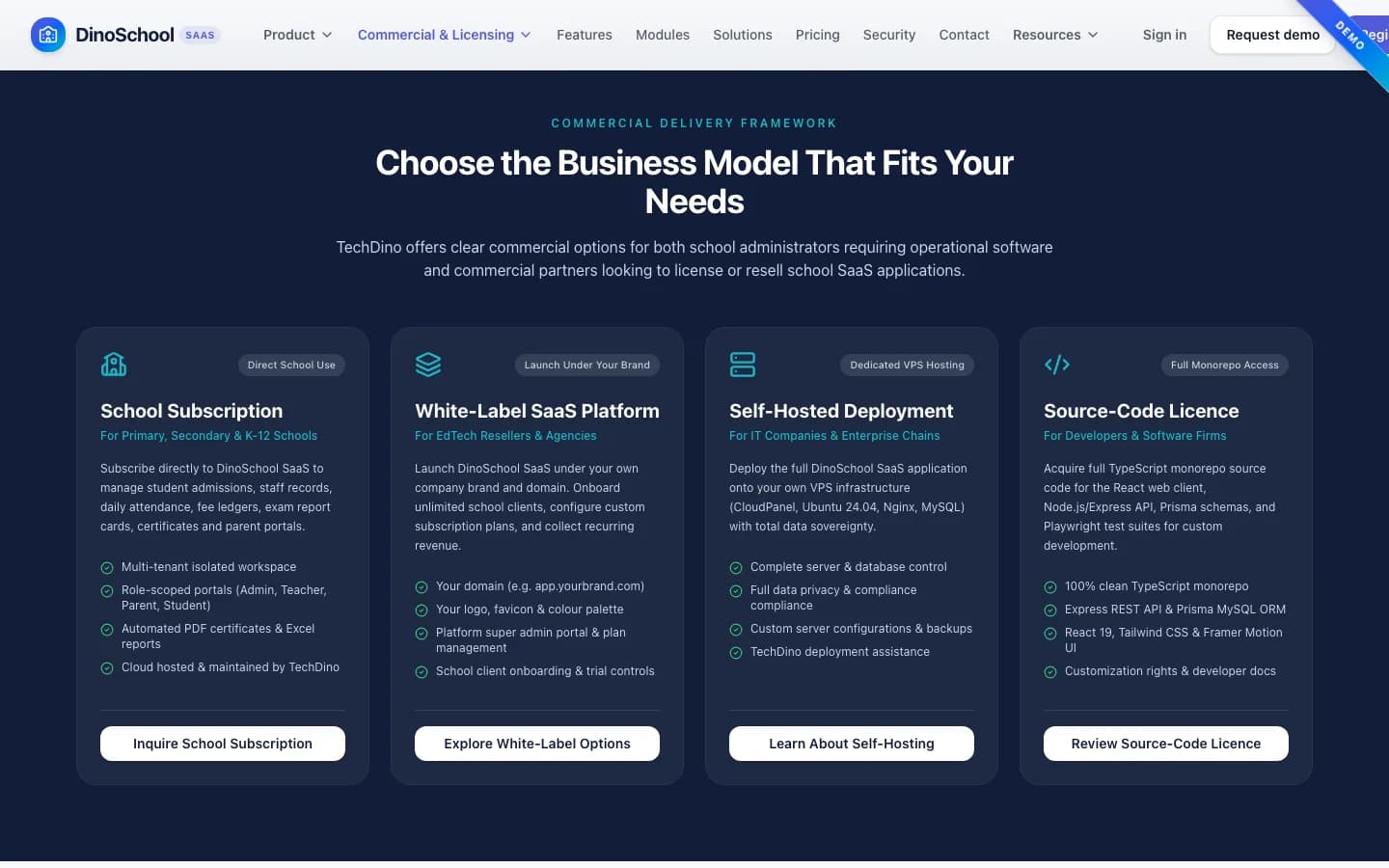 DinoSchool SaaS Choose the Business Model That Fits Your Needs on desktop — Multi-Tenant School Management SaaS Platform