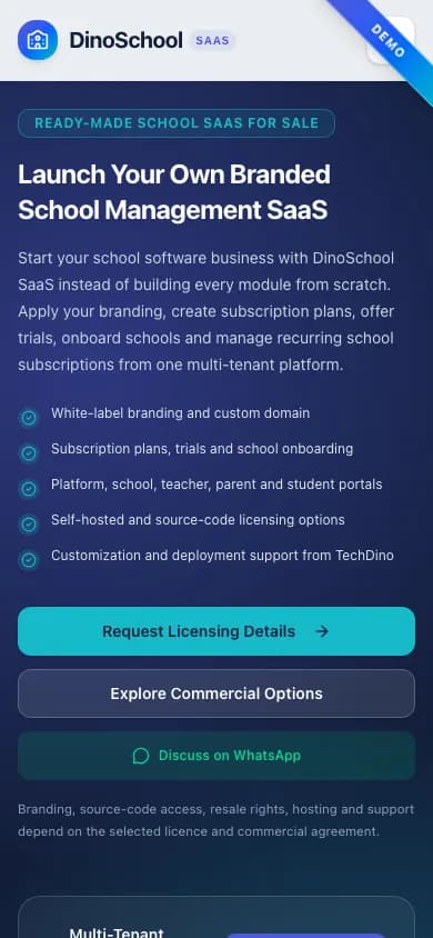 DinoSchool SaaS Launch Your Own Branded School Management SaaS on mobile — Multi-Tenant School Management SaaS Platform