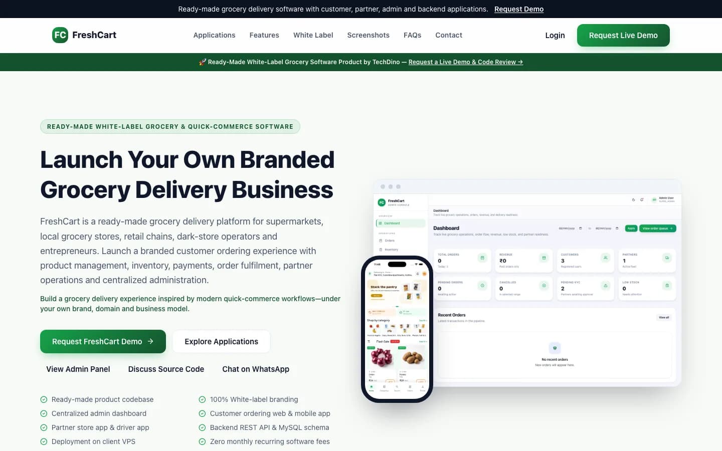 FreshCart white-label grocery delivery platform admin dashboard showing orders, revenue and inventory summaries
