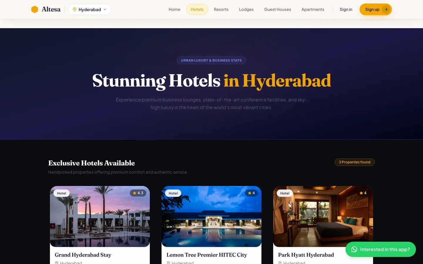 Hotel & Lodge Booking App hotels on desktop — Stunning Hotels in Hyderabad
