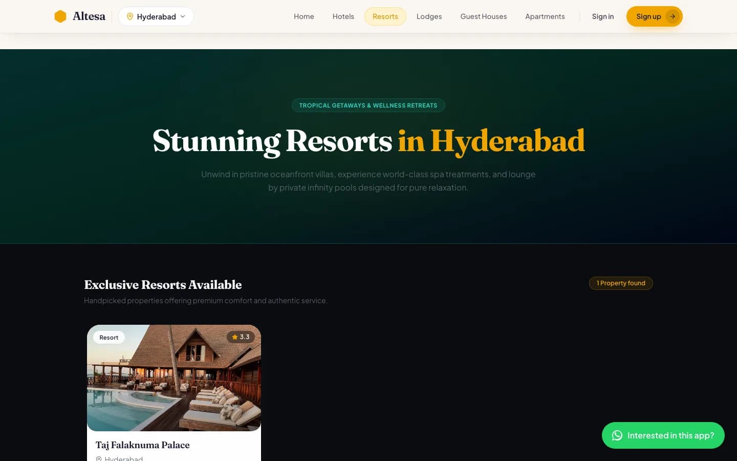 Hotel & Lodge Booking App resorts on desktop — Stunning Resorts in Hyderabad