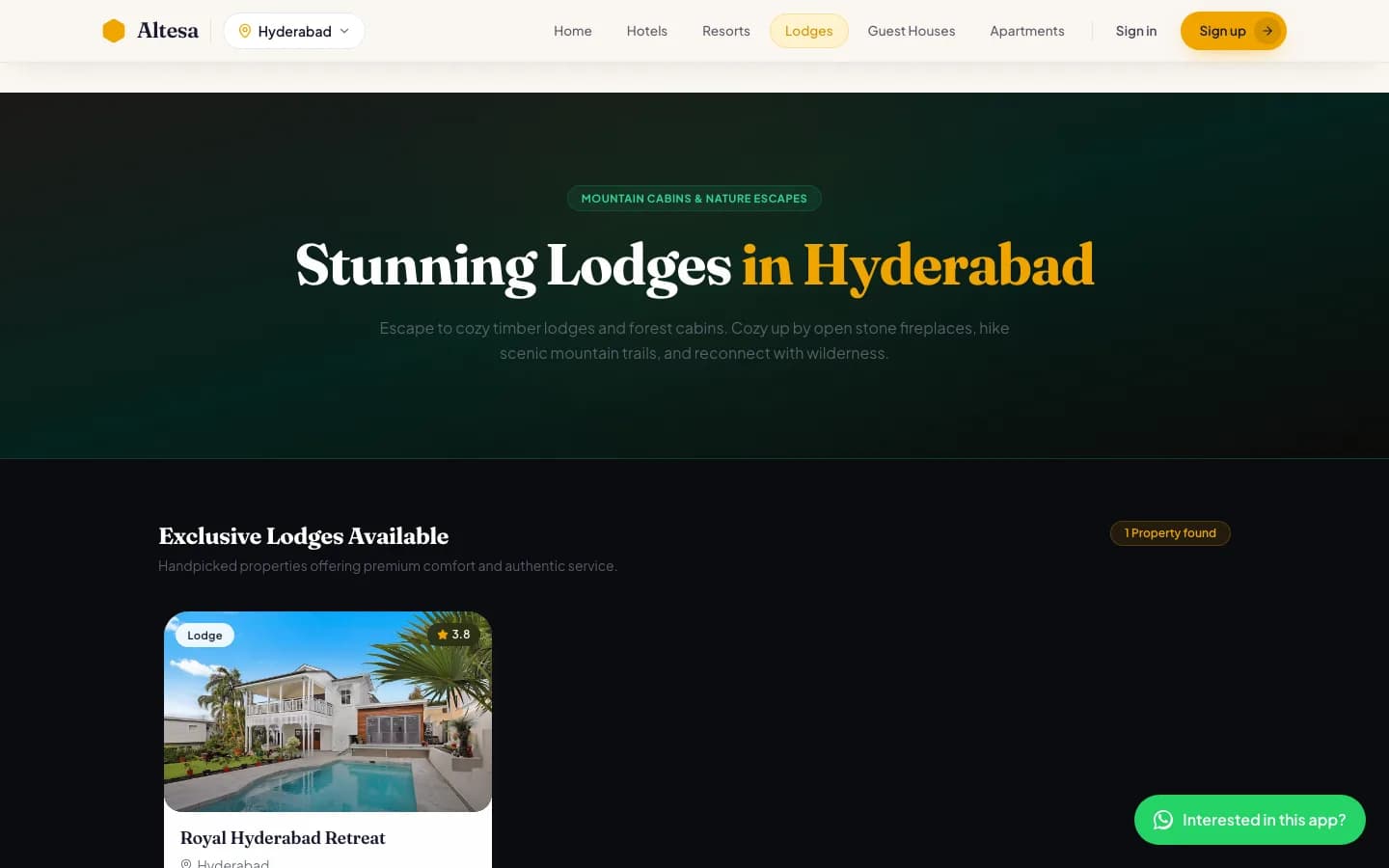 Hotel & Lodge Booking App lodges on desktop — Stunning Lodges in Hyderabad