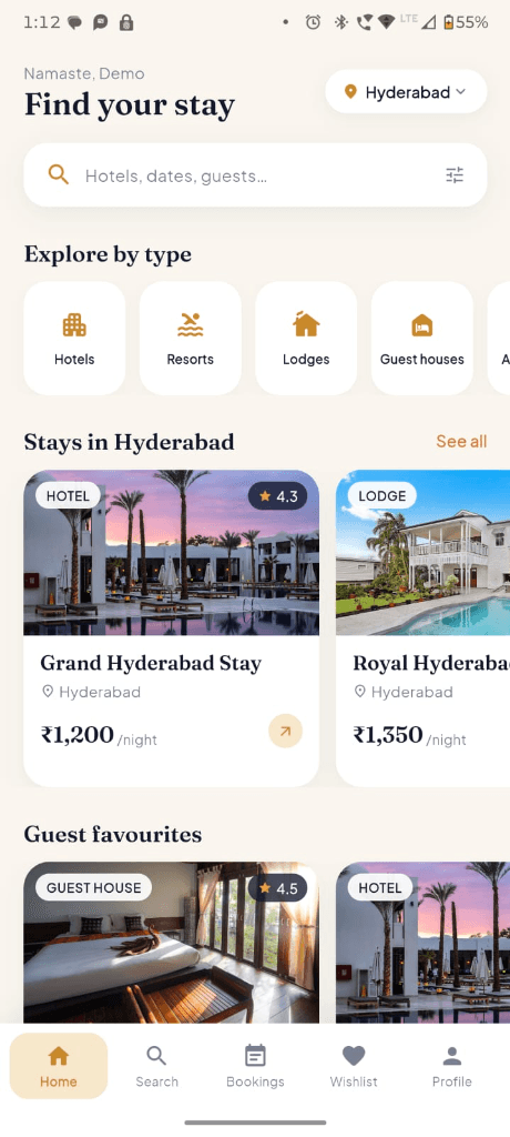 Hotel & Lodge Booking App white-label hotel booking software screenshot mobile preview