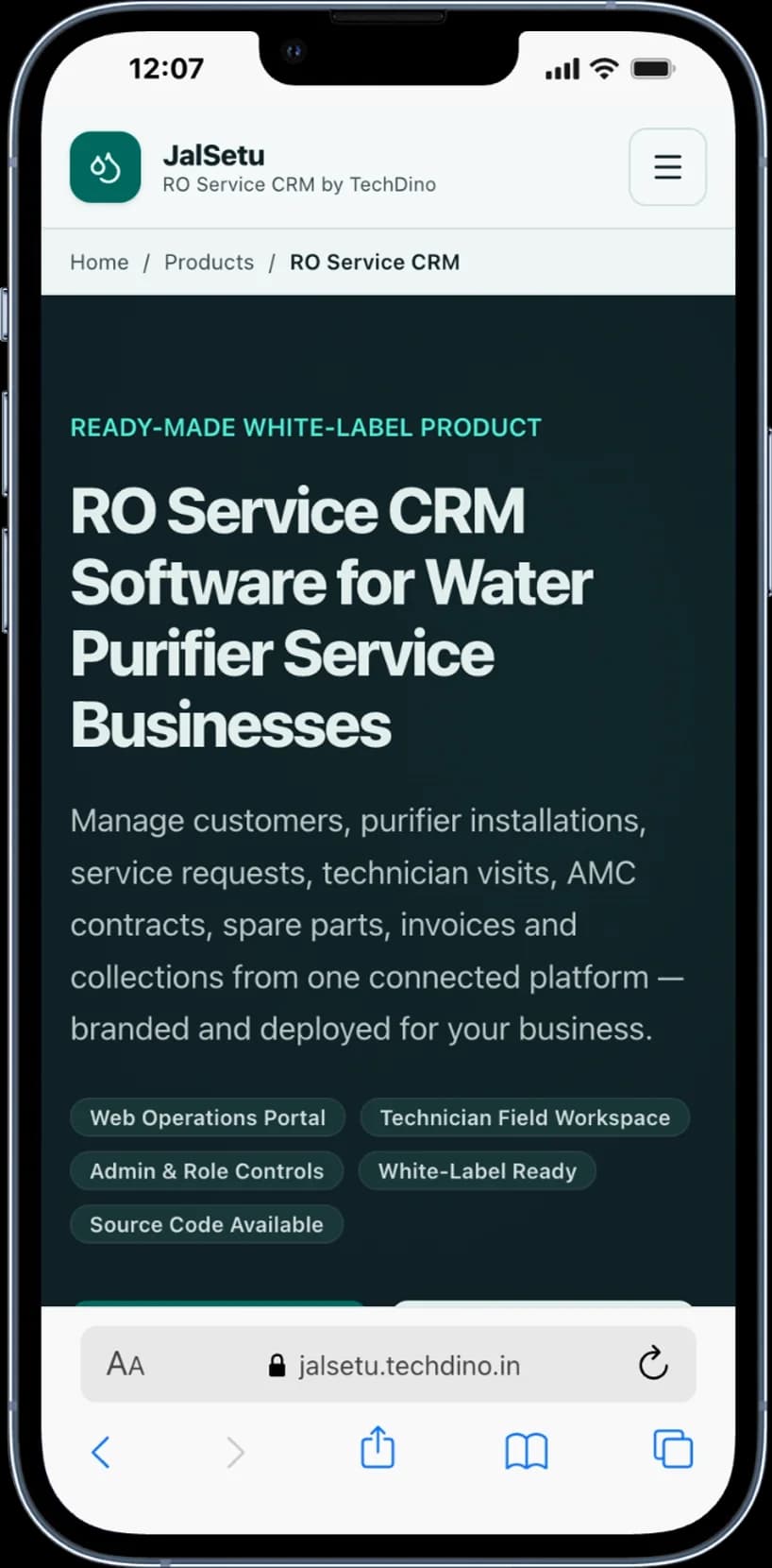 JalSetu RO service CRM dashboard showing service jobs, AMC status, technician assignments and inventory alerts mobile preview
