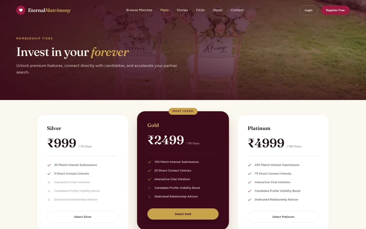 Matrimony App pricing on desktop — Invest in your forever