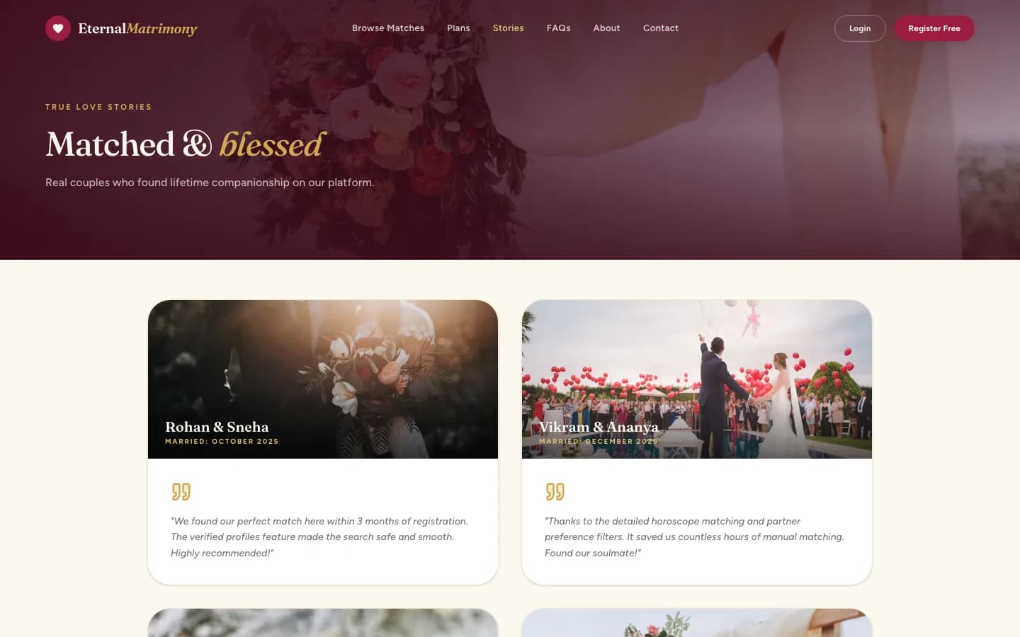 Matrimony App success stories on desktop — Matched & blessed