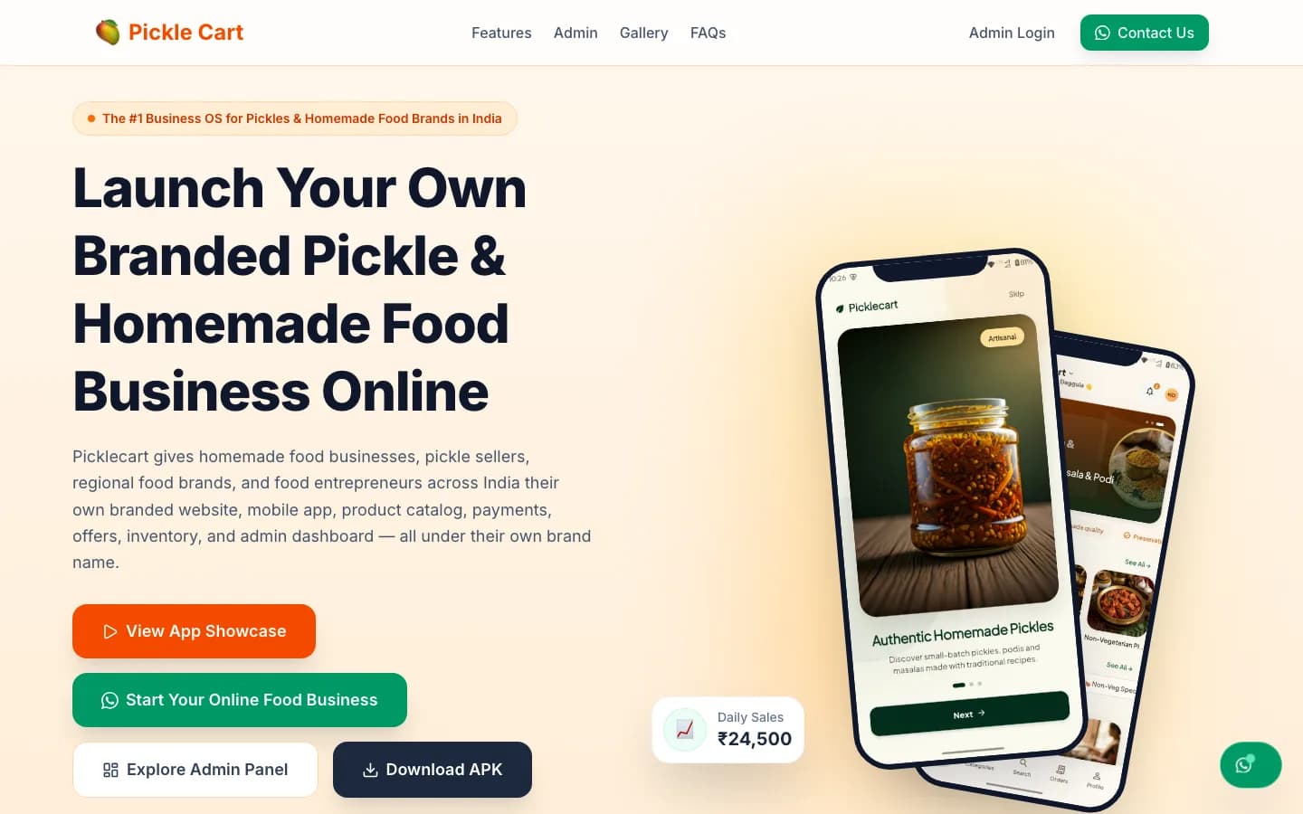 Picklecart home page on desktop — Launch Your Own Branded Pickle & Homemade Food Business Online