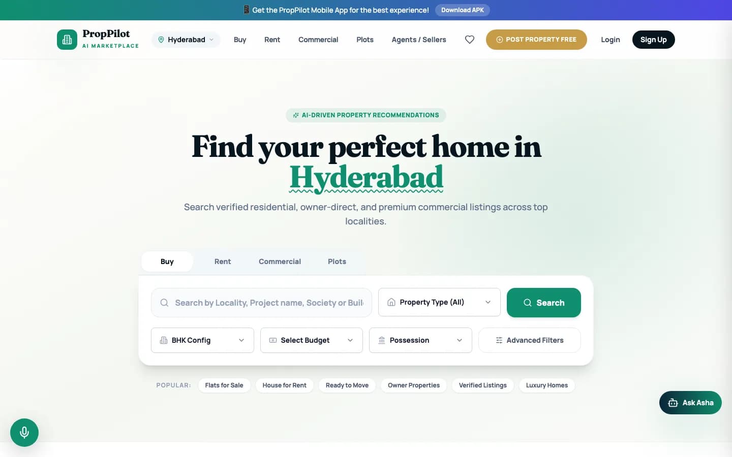 PropertyApp home page on desktop — Find your perfect home in Hyderabad