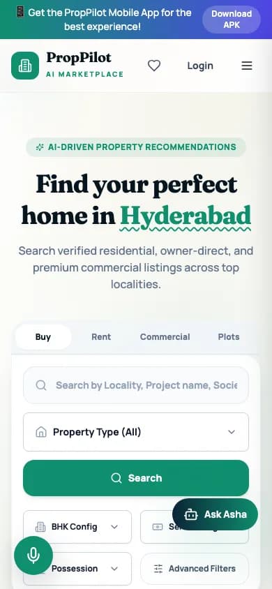 PropertyApp home page on mobile — Find your perfect home in Hyderabad