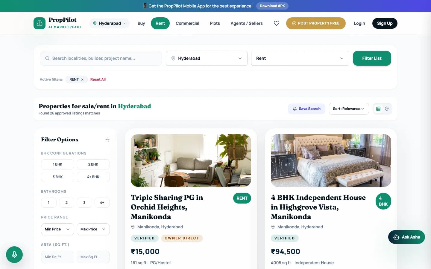 PropertyApp rent on desktop — Properties for sale/rent in Hyderabad