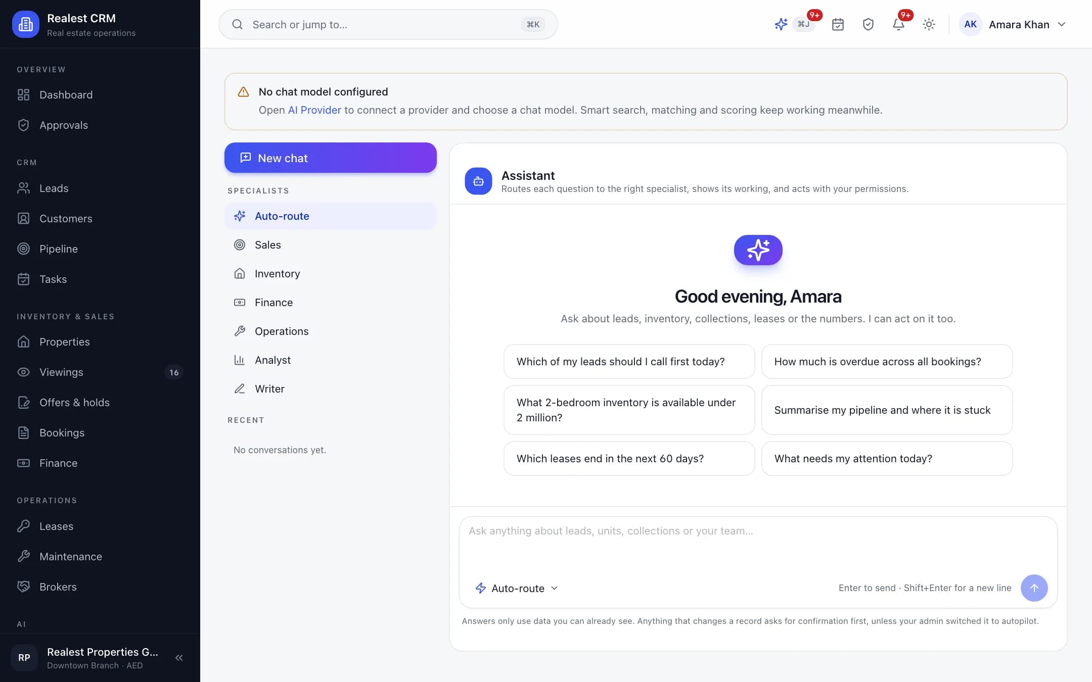Realest CRM AI assistant answering queries directly from company real estate records