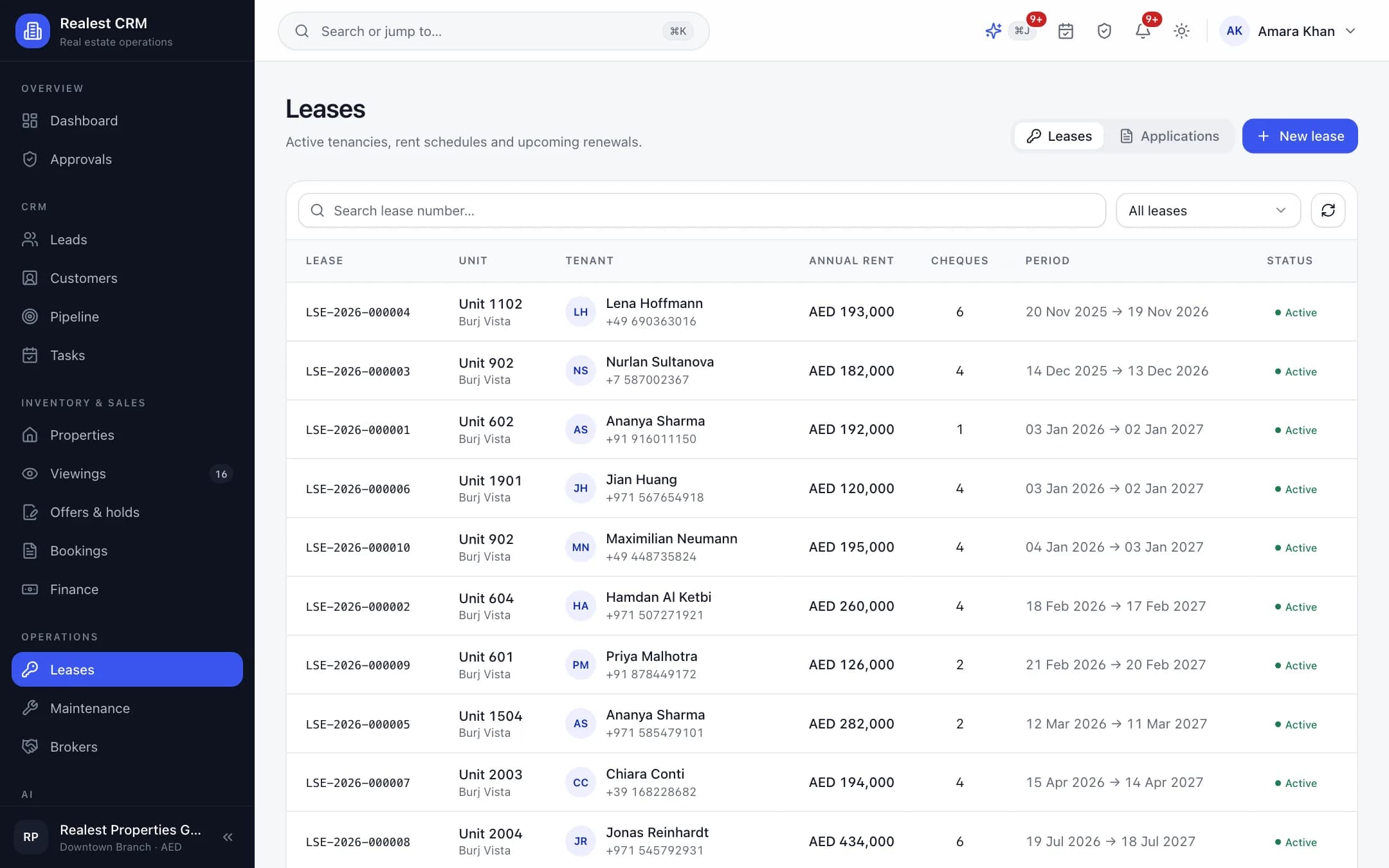 Realest CRM leasing desk with tenancy contracts, rent escalation, and renewal calendars