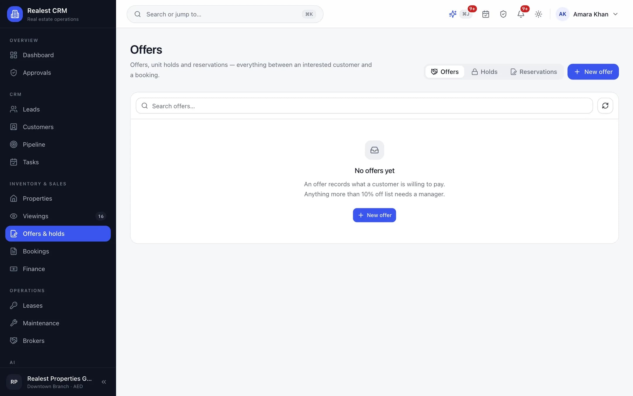 Realest CRM offer negotiations with counter-proposals and management discount approval queue