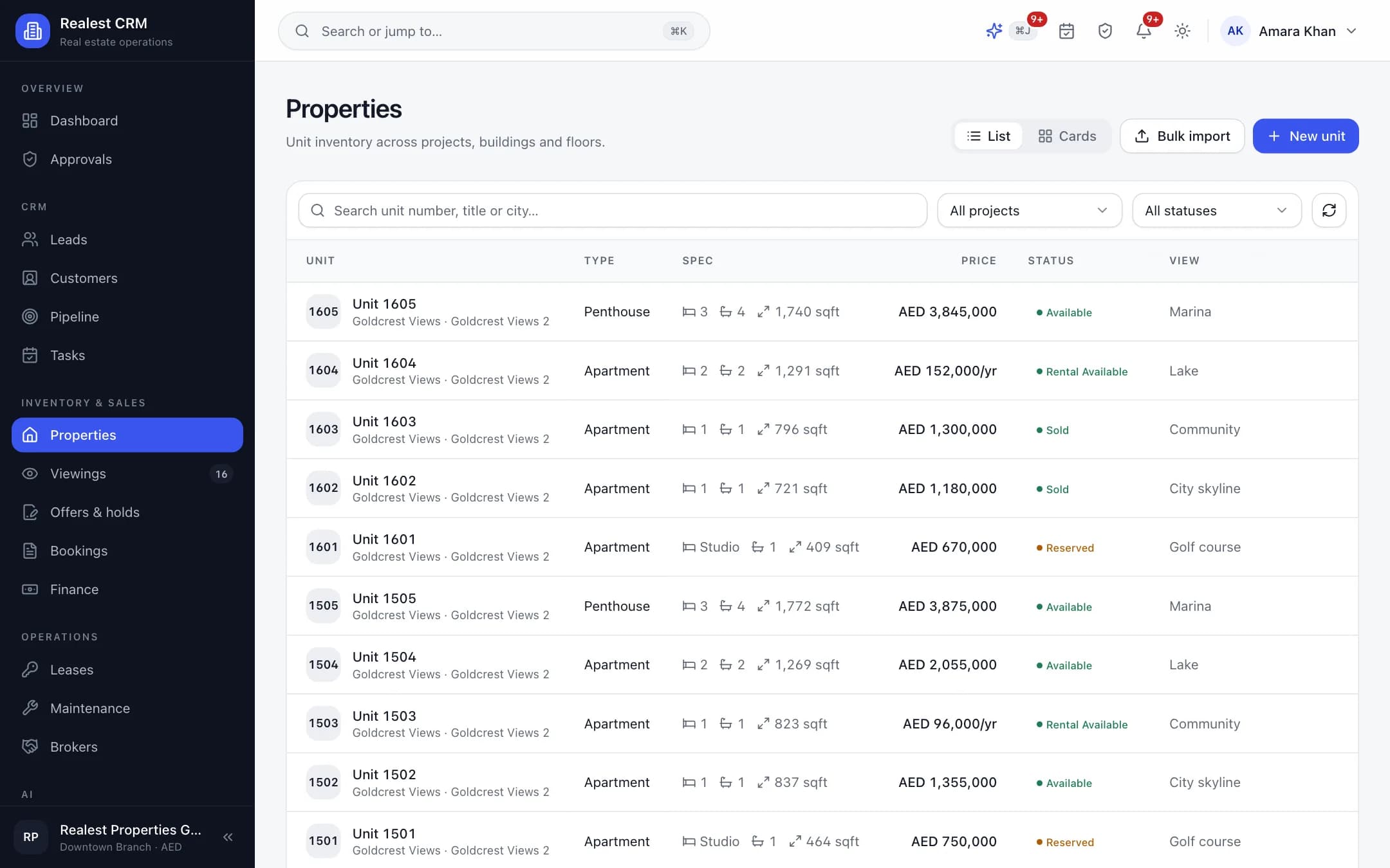 Realest CRM property inventory master with unit availability and interactive stacking plans