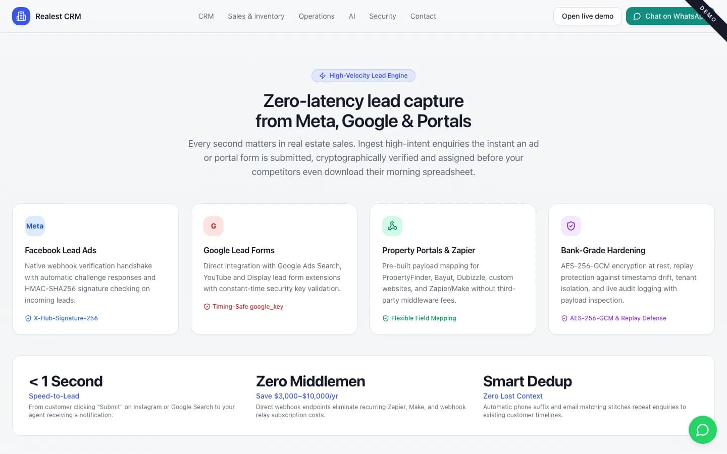 Realest CRM lead capture from Meta, Google and portals on desktop