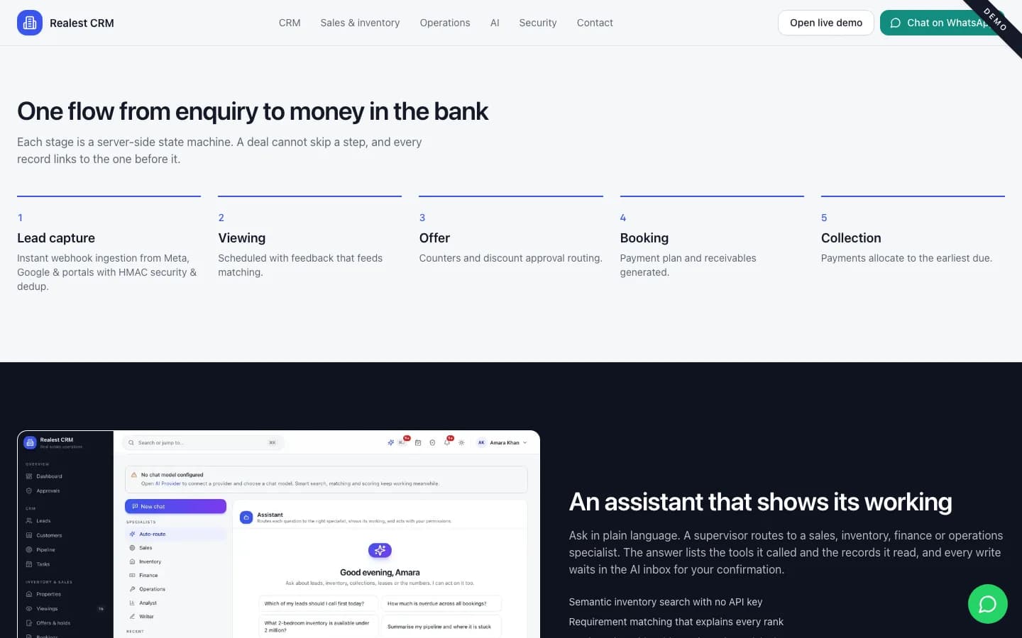 Realest CRM One flow from enquiry to money in the bank on desktop — Realest CRM Real Estate CRM, ERP & Property Management Software