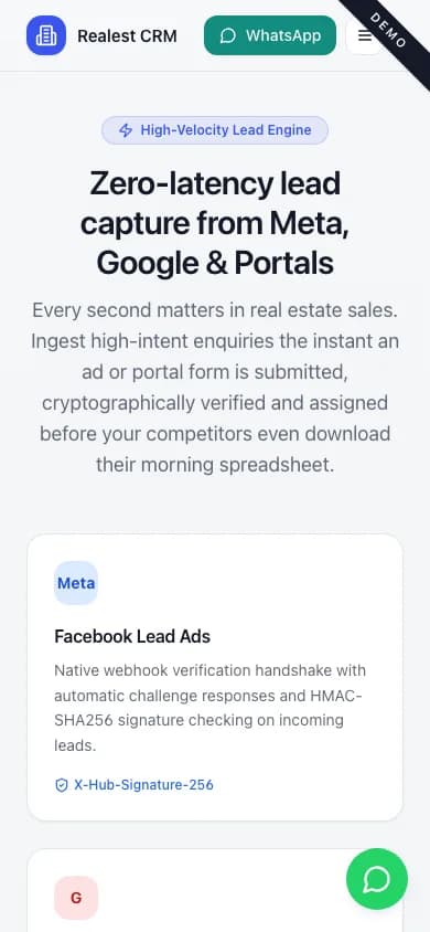 Realest CRM lead capture from Meta, Google and portals on mobile