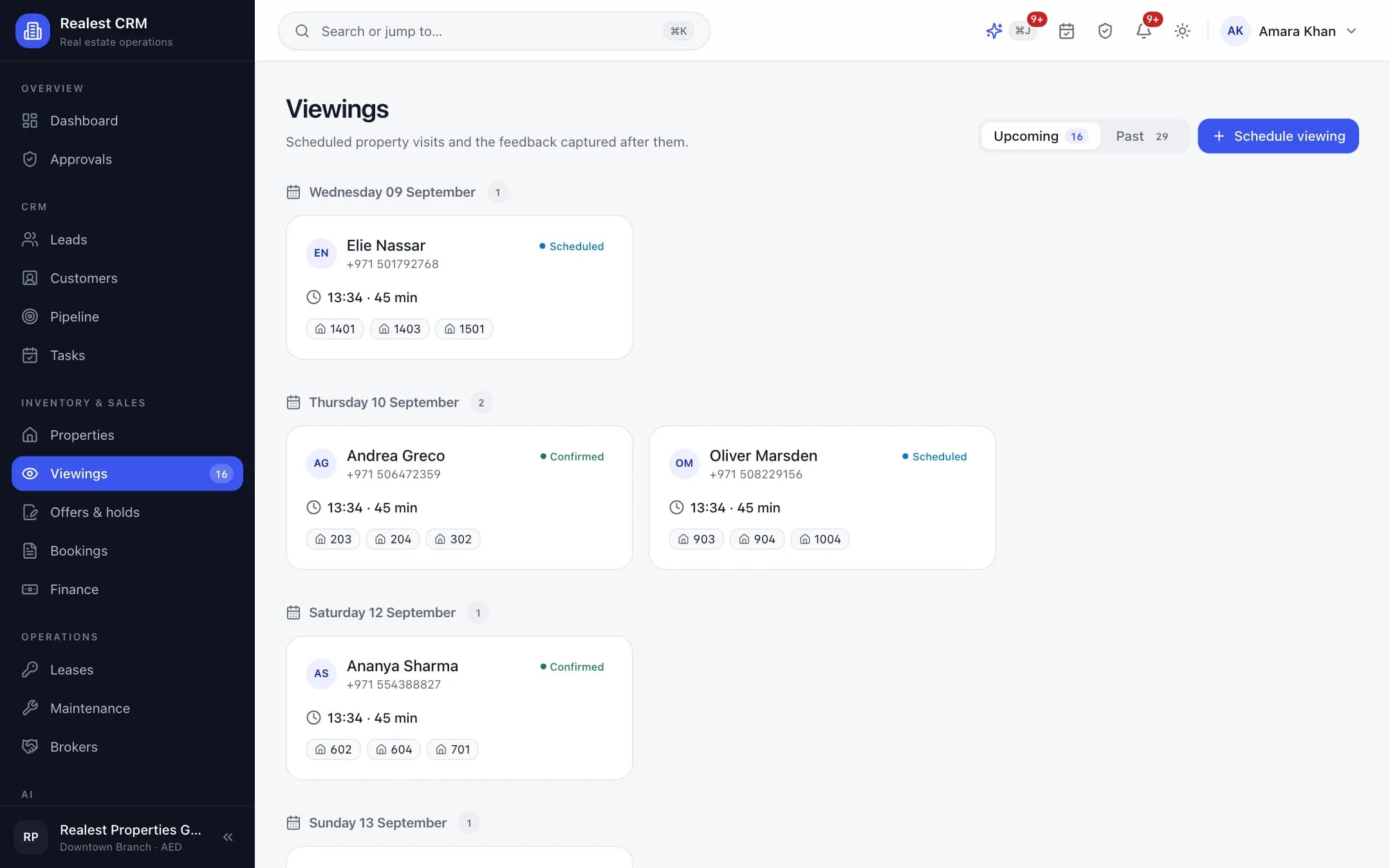 Realest CRM viewing scheduler with broker availability and prospect site-visit feedback