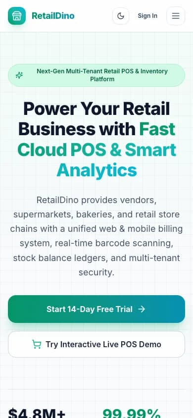 RetailDino multi-tenant cloud POS and retail management SaaS platform mobile preview