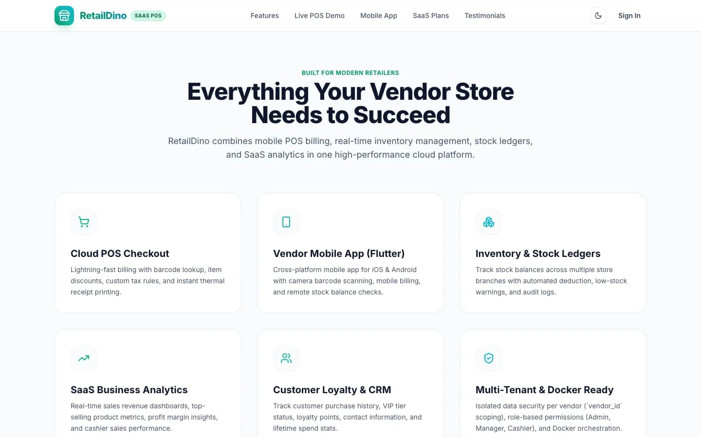 RetailDino SaaS Everything Your Vendor Store Needs to Succeed on desktop — White-Label Retail POS & Inventory SaaS Platform with Complete Source Code
