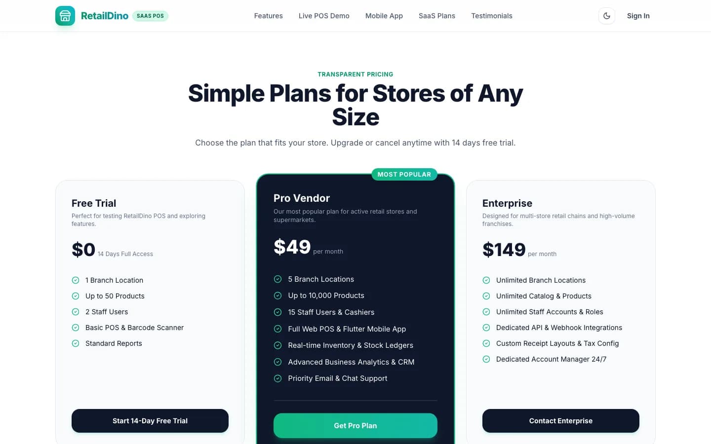 RetailDino SaaS Simple Plans for Stores of Any Size on desktop — White-Label Retail POS & Inventory SaaS Platform with Complete Source Code