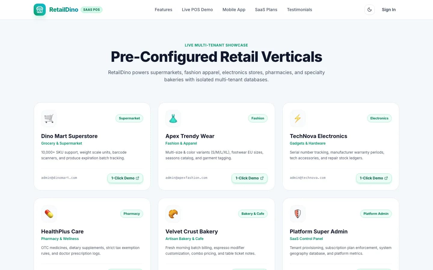 RetailDino SaaS Pre-Configured Retail Verticals on desktop — White-Label Retail POS & Inventory SaaS Platform with Complete Source Code