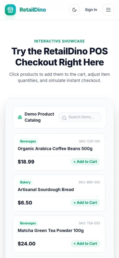 RetailDino SaaS Try the RetailDino POS Checkout Right Here on mobile — White-Label Retail POS & Inventory SaaS Platform with Complete Source Code
